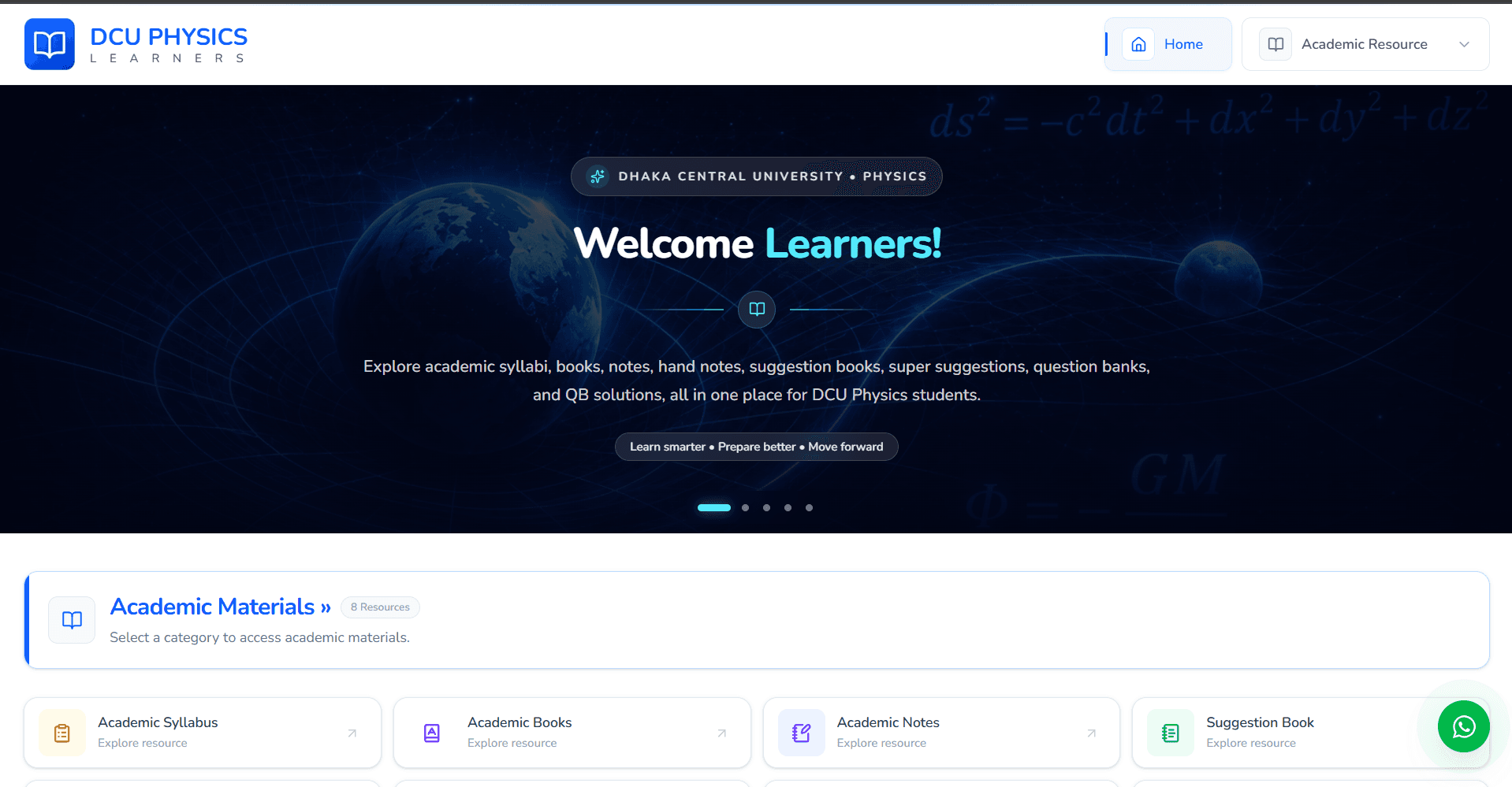 Screenshot of DCU Physics Learners - Full Stack Web Application